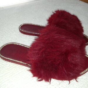 Red Furry Girls Slides Sandals Worn